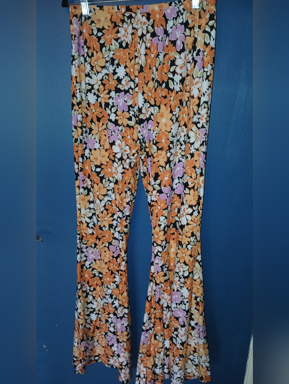Retro New Look Floral Flare, Wide Leg Pants - Orange, Purple & White, Size XL